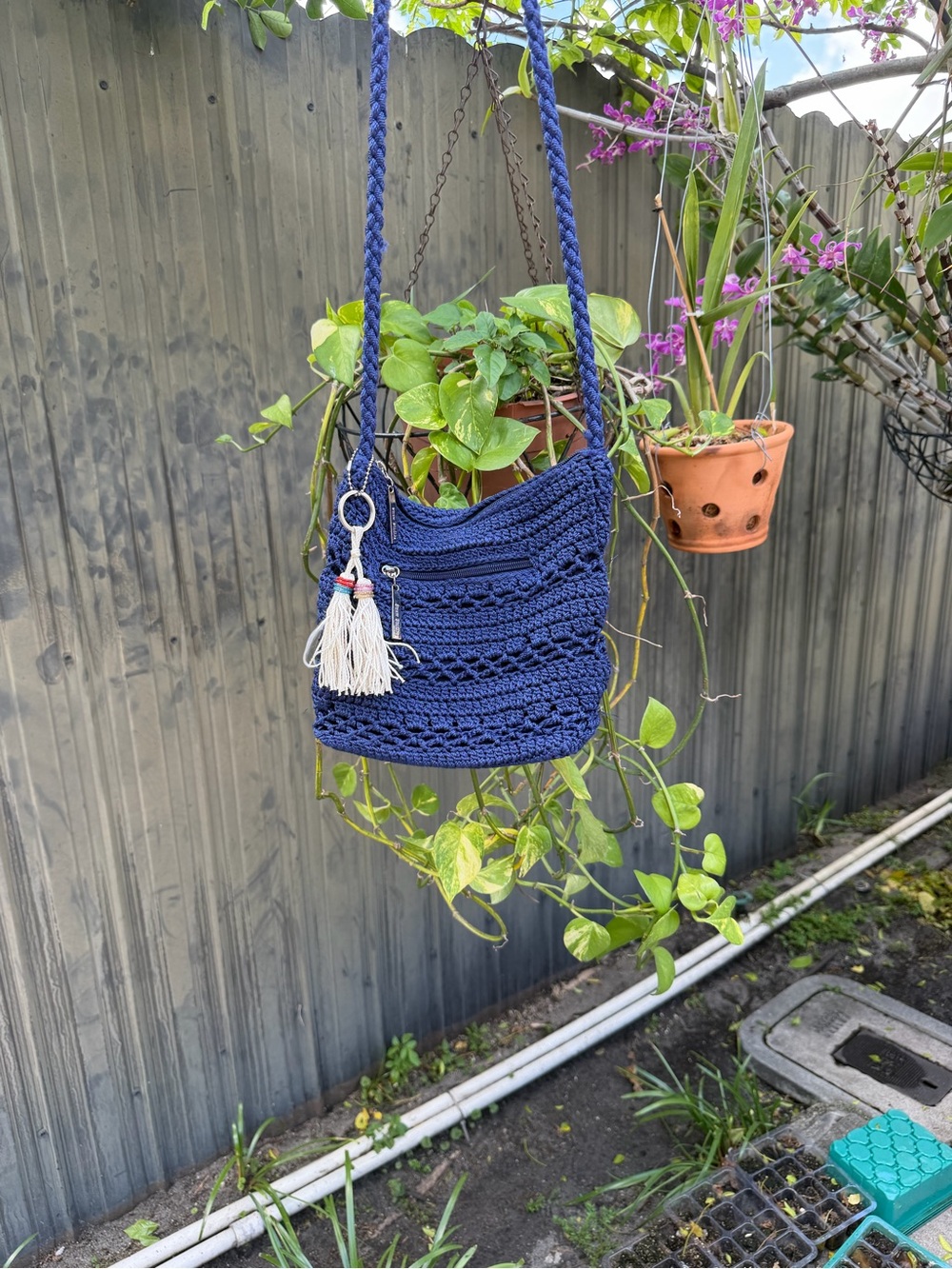 Straw Studios Blue Crochet Crossbody Shoulder Bag Tassel Boho Zip Purse
